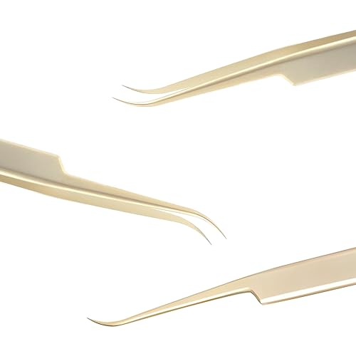 MGER Eyelash Extension Tweezers, Professional Curved Pointed Isolation Tweezers for Classic Individual Volume Mink Lash Extensions, Pointed Tweezers Stainless Lash Extensions, Gold tweezers - style: Curved- Multi Use