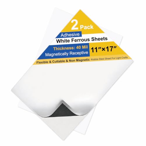 2 Pack, White Adhesive Metal Sheets-11” x 17”, Big Ferrous Sheet for Magnets Receptive, 40 Mil Thin Flexible Rubber Steel Plat, Magnetic Miniatures Organization - color: White, size: 11"x17"