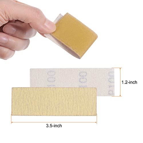 HARFINGTON 50pcs Micro Sander Paper 100 Grit 3.5x1.2 Inch Mini Sanding Sheets Strips Hook Loop Sandpapers for Wood Metal Small Projects Tight Spaces Polish Work - size: 100 Grit