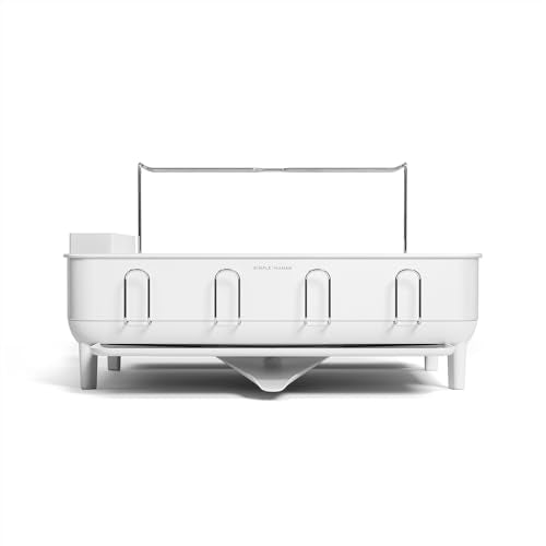 simplehuman Steel Frame Dishrack, Large Capacity Dish Drying Rack, 360º Easy Drain Swivel Spout, Utensil & Wine Glass Holder, Anti-Residue Coating, Moisture Control Surface, White - color: White, size: Full-Size (20'' X 22.3'' X 11.5'')
