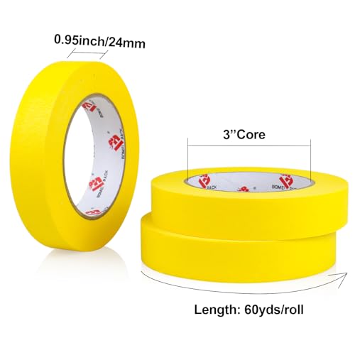 BOMEI PACK Yellow Painters Tape 1 Inch Bulk - Paint Tape 3 Rolls x 1 Inch x 60 Yards - Painter's Tape Yellow Masking Tape for Walls Painting, DIY Crafting, and School Project, Total 180 Yards - color: Yellow