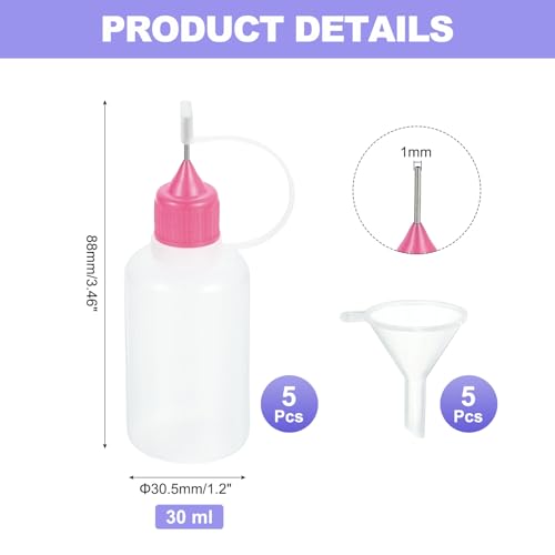MECCANIXITY 5Pcs Needle Tip Squeeze Bottle, 30ml/1oz Glue Tip Applicator Bottles Plastic Liquid Glue Bottle for Paper Crafts, Painting, Oil, Ink(Pink, with 5 Funnel) - color: Pink, size: 30ml/1 oz
