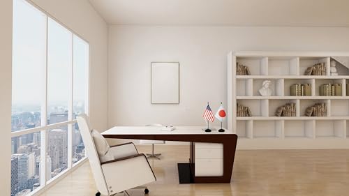 USA American & Japan Japanese Desk Flags, US Japan Office Table Flag, Small Mini Miniature Japanese and US Desktop Flag With 13" Solid Black Pole, Black Base - color: Japan