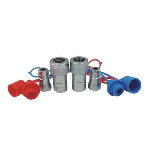 2-Set 1/2" Ag ISO5675 Carbon Steel Hydraulic Quick Disconnect Coupling Poppet Valve，Pioneer Type with Red and Blue Colour Dust Cap - size: 1/2"NPT-Poppet(Red and Blue)