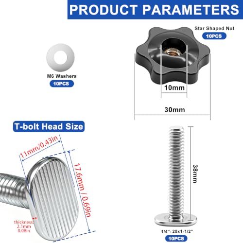 Taiss 30PCS 1/4"-20 T Track Knob and Bolt Kit,1-1/2" T Track Bolts,1/4"-20 Star Knobs with Washers,T Track Accessories for Wood Working Jigs and Fixtures - size: 30PCS 1/4"-20 1 Size