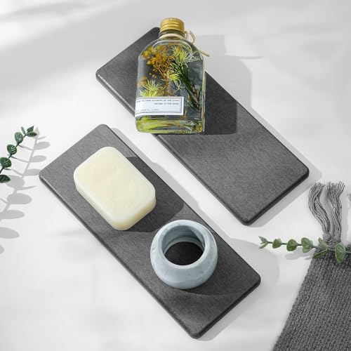 Razborci 2PCS Bathroom Trays, Water Absorbing Diatomite Stone Quick Drying Mat for Kitchen Counter, Dish Rack Soap Dispenser Sponge Holder Caddy Sink Vanity Organizer, Dark Gray Slate,9"x3.5" - color: 2 Pack - Dark Gray, size: 9" x 3.5"
