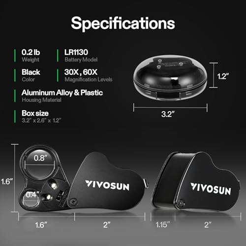 VIVOSUN 30X 60X Illuminated Jewelers Loupe with LED Light, Black, 1-Pack - color: Black, size: 1 Pack