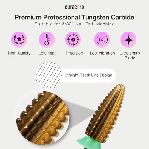Curacoro Nail Drill Bits 3/32'' Typhoon Bits, 2 Way, Carbide Bit (Coarse) - color: Yellow Titanium - Typhoon Bit, size: Coarse