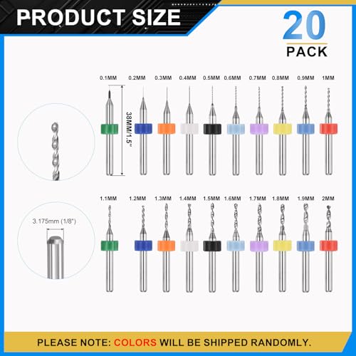 PATIKIL 20Pcs 0.1mm-2mm Micro Drill Bits Set Carbide Tungsten Steel - size: 0.1-2mm