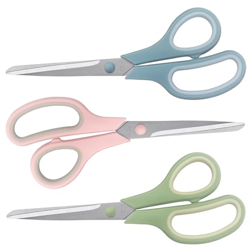 LONGKEY 8.5" Pastel Scissors 3-Pack, Ultra Sharp Stainless Steel - color: Pastel Green, Pink, Blue