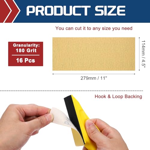 16Pcs Sand Papers 4.5x11Inch 180Grit Alumina Abrasive Hook&Loop Back - size: 4.5 x 11 Inch x 180 Grits