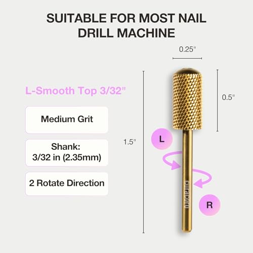 Curacoro Nail Drill Bits 3/32'' L-Shaped Smooth Top Carbide Bit (Medium) - color: Yellow Titanium - L-Smooth Top, size: Medium