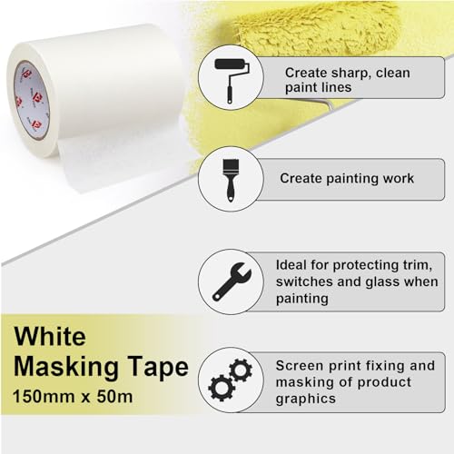 BOMEI PACK Wide Painters Tape 6 Inch, Crepe Paper General Purpose Wide White Masking Tape, 55 yds Length, Multi-Surface Adhesive Painting Tape, for Painting, DIY, Arts, Crafts, Labeling - size: 6 inches x 55 Yards