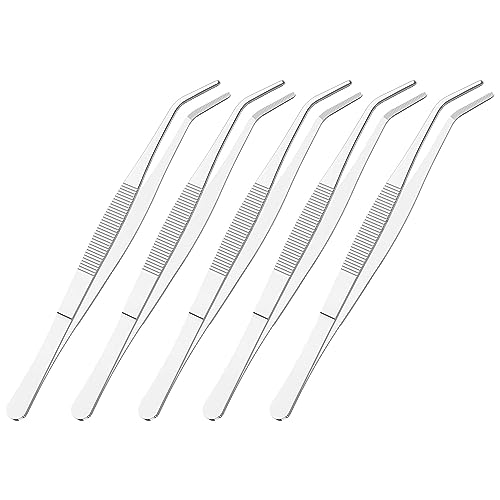 5 PCS 5.5" Stainless Steel Tweezers, Curved Blunt, 3/64" Thick - size: 5.5"L(3/64"T)