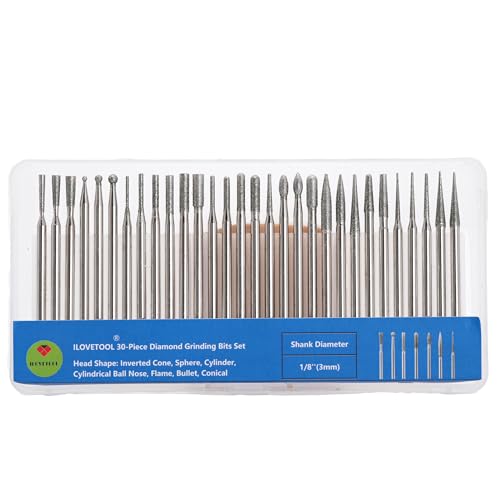 ILOVETOOL 30Pcs Diamond Drill bits Burr Set, 1/8 Inch Shank for Dremel, for Glass, Ceramic, Stone, Jewelry Making - Engraving, Carving, Polishing Bits - size: Shank 3mm(1/8-inch)