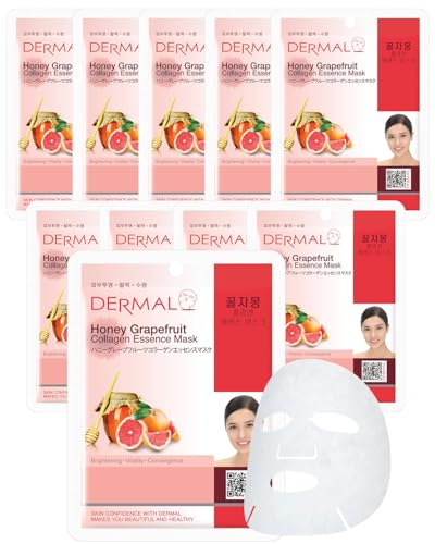 DERMAL Honey Grapefruit Collagen Essence Korean Facial Mask Sheet Pack of 10 - Rich in Vitamin C & Amino Acid - Hydrating, Evens Skin Tone & Dark Spots - Hypoallergenic Skin Friendly Sheet - color: Honey Grapefruit Collagen