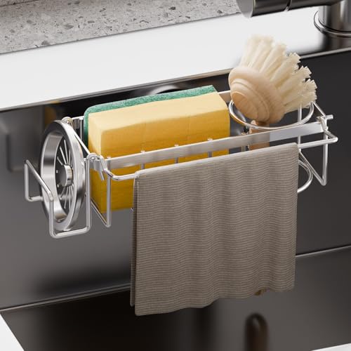 TAILI 4-in-1 Sponge Holder for Kitchen Sink with Strong Suction Cup-Silver - color: Silver, size: 7.28" x 2.36"