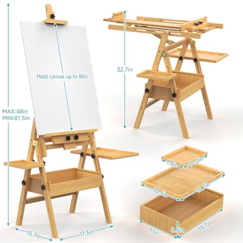 Solid Beech Wood H-Frame Easel with and Storage and 2 Palette - color: Natural Wood