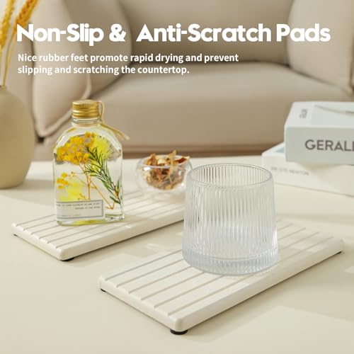 Razborci 2 Pack Greige Bathroom Sink Vanity Trays, Diatomite Stone Kitchen Counter Caddy Dish Soap Dispenser Sponge Holder, Water Absorbing Mat Organizer for Plant,Cosmetic Bottle, Beige, 8"x3.8" - color: 2 Pack - Beige, size: 8" x 3.8"