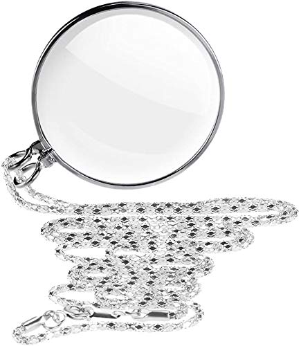 Necklace Magnifying Glass Reading Glasses Pendant Jewelry Optical Magnifier with Chain Necklace Neckglasses Portable Monocle for Reading Collecting Library (Silver, 5X) - color: Silver, 5x