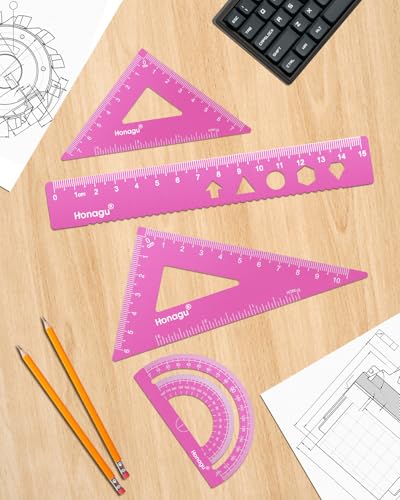 Honagu Triangular Ruler Set, 4 Pieces Aluminum Alloy Ruler, Metal Drafting Ruler, Geometric Protractor for Students, Draftsmen, Engineers, Home School Office Supplies (15cm/5.9inches, Pink) - color: Pink, size: 15cm
