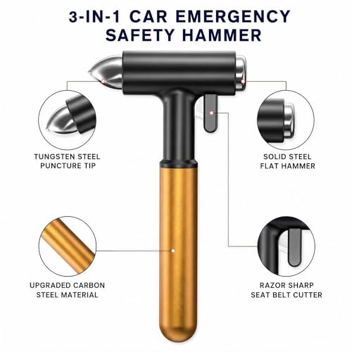 Alloy Car Window Breaker with KM46 Tungsten Tip, 3-in-1 Glass Breaker & Seatbelt Cutter & Escape Hammer Car Emergency Rescue Tools for Tesla Model 3/Y/S/X/Cybertruck Accessories (Gold) - color: Gold