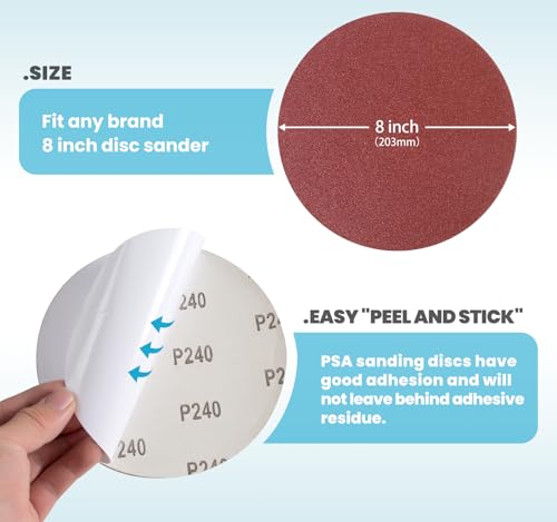 PSA Sanding Discs 8 Inch 30 PCS 60 100 150 180 240 400 Grit Aluminum Oxide Self Stick Adhesive Sanding Discs for Random Orbital Sander and Belt Disc Sander - style: 8 inch
