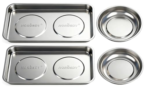 HORUSDY 4-Piece Large Magnetic Parts Tray Set, Stainless Steel Heavy Duty 9.5" W x 5.5''L Square and 4.5" Round Magnetic Trays Tools Parts Tray - color: 4-piece Magnetic Tray - Pro