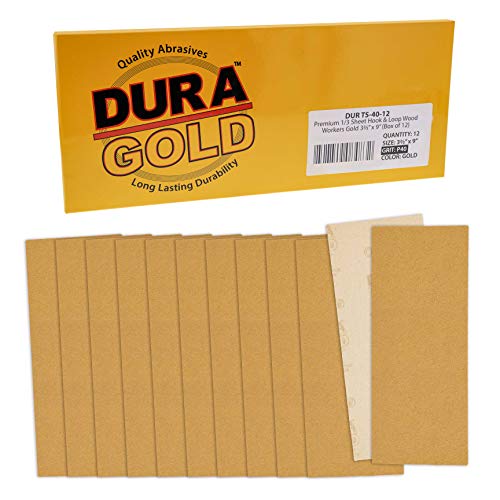 Dura-Gold 1/3 Sheet Gold Sandpaper Sheets, 40 Grit, Box of 12, Hook & Loop - size: 40-Grit