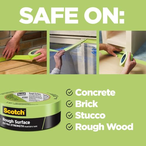 Scotch Rough Surface Painter's Tape 2060-24AR-BK, 0.94 in x 60.1 yd (24mm x 55m), Green, 3 Rolls, Clean Removal, No Residue, Textured & Hard-to-Stick Surfaces - size: 3 Pack