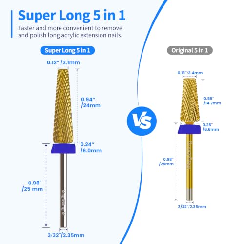 Medium 24mm Super Long 5-in-1 Nail Drill Bit, 3/32”, Two-Way Rotation - color: Gold-24mm Long, size: Medium