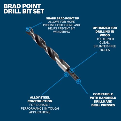 BOSCH BP14616 5-Piece Brad Point Drill Bit Set for Wood | Featuring 1/4", 5/16", 3/8", 7/16", & 1/2" Sizes for Precision Woodworking, Cabinetry, and Doweling