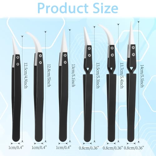 6 Pcs Precision Reverse Ceramic Tweezers Black Non-Conductive Solder Tweezer Anti-Magnetic Pointed & Curved Tips Heat-resistant Tweezer Set for Solder Pinching Coils