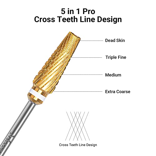 MelodySusie Upgrade 5 in 1 Nail Drill Bits, 3/32'' Carbide Tungsten Multi-function Mixed Sizes Edition, Suitable for Manicure Pedicure Cuticle Gel Polishing, Professional Advanced Bits, Series Bit X - color: Gold, size: XC+M+3XF-5 in 1 pro