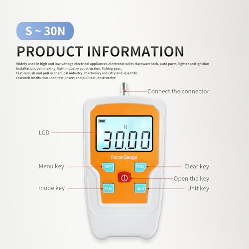 Digital Force Gauge Push and Pull Meter Dynamometer Tension Pressure Tester Thrust Meter Compression Load Plug Force Destructive Tests 30N/3kg/6.5lb/108Oz - size: 6.5LB 30N