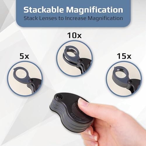 Carson TriView 5x/10x/15x Folding Loupe Magnifier with Built-in Case, 3-in-1 Portable Loupe Magnifying Glass - Adjustable Magnification, Great for Jewelry (TV-15)