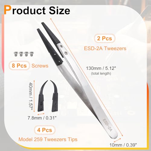 HARFINGTON ESD-2A Tweezers 5.1" Length Precision Anti-Static Pointed Tip - size: 5.1" Length, style: ESD-2A with 7A Model Replacement Tip