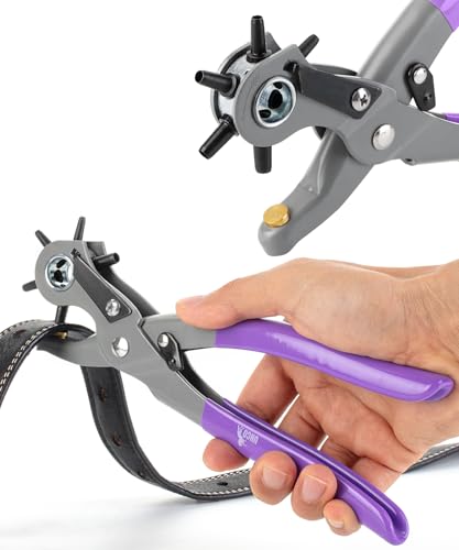 UNCO- Leather Hole Punch Tool, Multi Hole Sizes for Belts and Leather, Belt Hole Puncher, Purple Handle - color: Purple