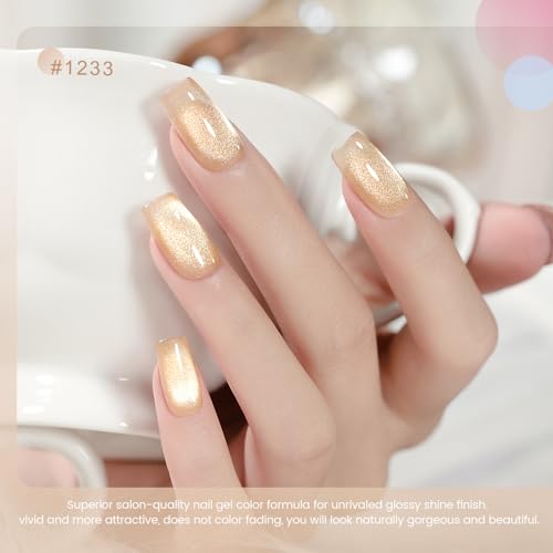 RARJSM Glass Jelly Cat Eye Gel Nail Polish Set 6pcs Reflective Sparkly Diamond Glitter Nude Pink Lake Blue Green Purple Clear Cateye Gelpolish with Magnet Stick 7.5ml Curing Requires for Home Salon - color: Fruit Color Cat Eye Set