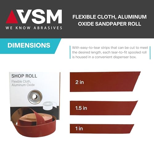 VSM 2" x 50yd (150'), 40 Grit (Coarse) Aluminum Oxide Sanding Shop Roll, F-Weight Cotton Cloth Backed Sandpaper Roll for Hand Finishing, Woodworking, Metal Working, Polishing - style: 40 Grit