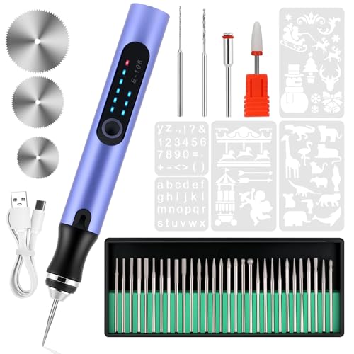 Electric Engraving Pen with 37 Bits for Wood Glass Stone Carving (Purple) - color: Purple