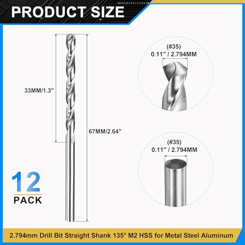 PATIKIL #35 Drill Bit Micro M2 High-Speed Steel 118° for Metal 12 Pack - size: #35 (2.794mm)