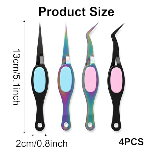 4 Pcs Reverse Tweezers for Crafting, Sticker Tweezers with Soft Grip Crossing Lock, Craft Tweezer for journaling Crafting Precision Tools for Jewelry Repair DIY Projects (Straight+Curved Tips)