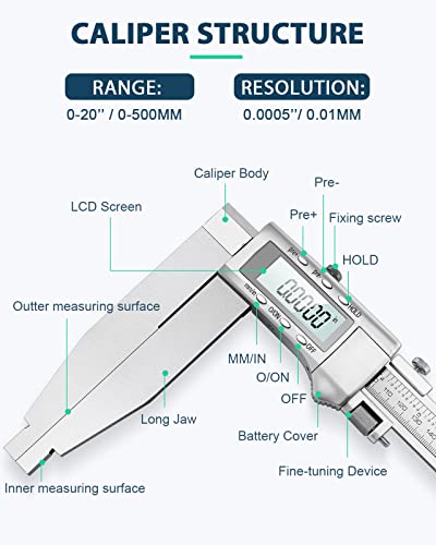 20 Inch Digital Caliper with 6" Long Jaw All-Metal Frame
