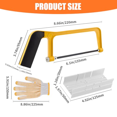 Mini Metal Mitre Box and Saw Set, 6" Hand Saw with 2 Spare Blades & Gloves - color: Yellow