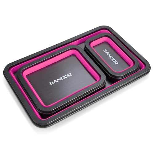 Collapsible Magnetic Parts Tray Set - 3 Different Size Tool Trays - Pink - color: Pink