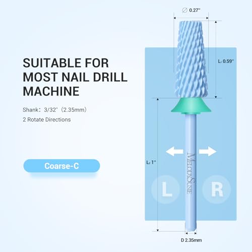 MelodySusie Professional 5 in 1 Nail Drill Bits, 3/32'' Carbide Tungsten Multi-function Bits, Suitable for Manicure Pedicure Cuticle Gel Polishing, Technicians Bits, Light Blue, Series Bit-M, C - color: Light Blue, size: Coarse-C