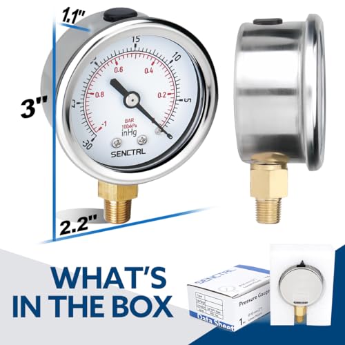 SENCTRL 30inHg Vacuum Pressure Gauge, 1/8" NPT Lower Mount - size: -14.7-0 Psi, style: Lower Mount (1/8" NPT)