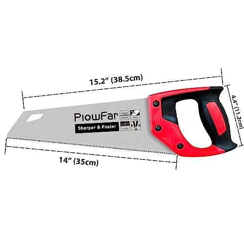 14 inch Hand Saw 11TPI Pro Fine Cut for Wood, Plastic Pipes, Drywall, Trees Trimming & Pruning, Sharp for Woodworking, Red
