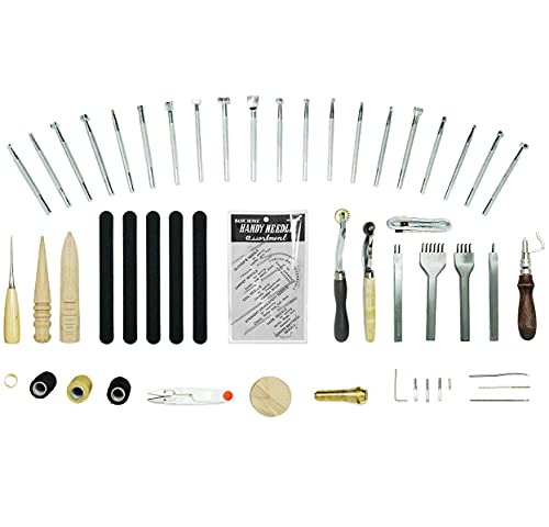 VViViD 59 Piece Leather Working Tools and Supplies Kit with Tool Box, Prong Punch, Edge Beveler, Wax Threads, Needles, Stitching, Sewing, Punching, Leather Making
